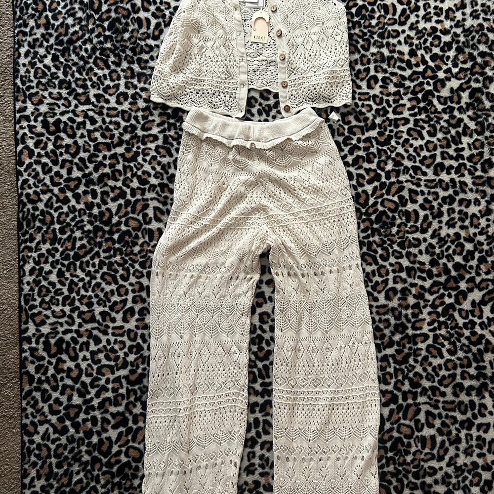 White Crochet Cardigan and Pants Set